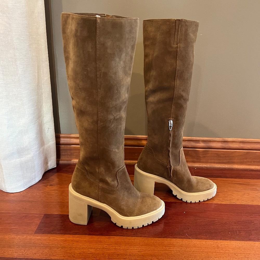 Dolce Vita Taupe Suede Knee-High Chunky Heel Boots